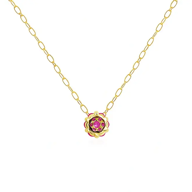 Pingente Chuveiro de Ouro Amarelo com 7 Turmalina Rosa.