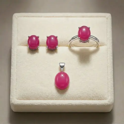 Conjunto Par de Brincos, Pingente e Anel de Prata com Rubis Cabochon
