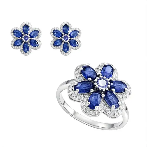 Conjunto Flor Anel e Par de Brincos de Prata com Cristais, Safiras e Tanzanitas