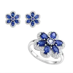 Conjunto Flor Anel e Par de Brincos de Prata com Cristais, Safiras e Tanzanitas