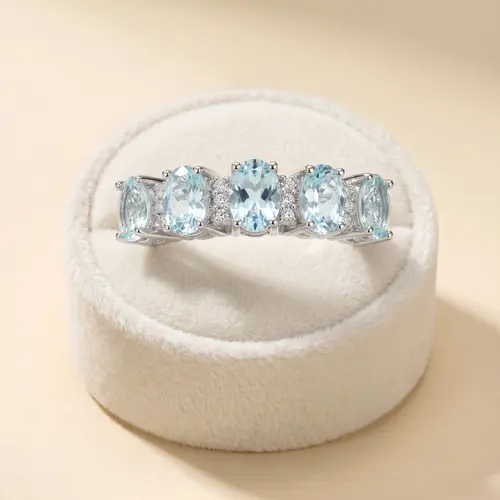 Meia Aliança de Prata com Diamantes e Cristais Água Marinha