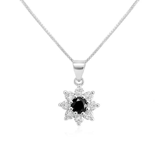 Pingente de Prata com Corrente, Mossanitas e Diamante negro de 80 Pts.