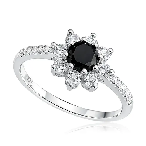 Anel de Prata com Mossanitas e Diamante Negro de 80 Pts.