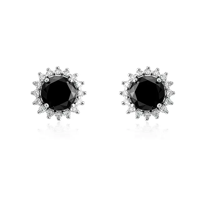 Par de Brincos de Ouro Branco com Diamantes Brancos e Diamantes Negros