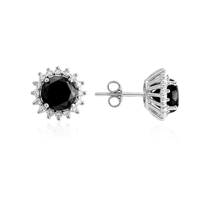 Par de Brincos de Ouro Branco com Diamantes Brancos e Diamantes Negros