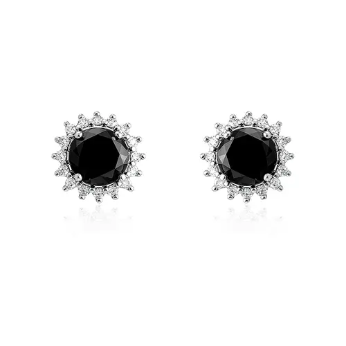 Par de Brincos de Ouro Branco com Diamantes Brancos e Diamantes Negros