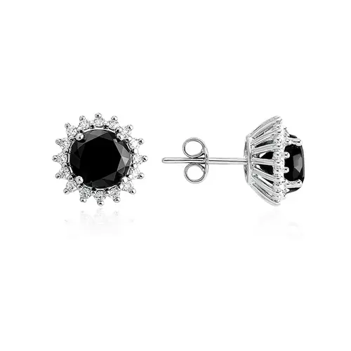 Par de Brincos de Ouro Branco com Diamantes Brancos e Diamantes Negros