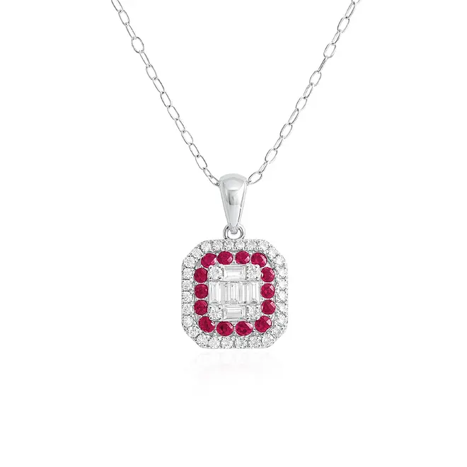 Pingente de Ouro Branco com Corrente, Diamantes e Rubis