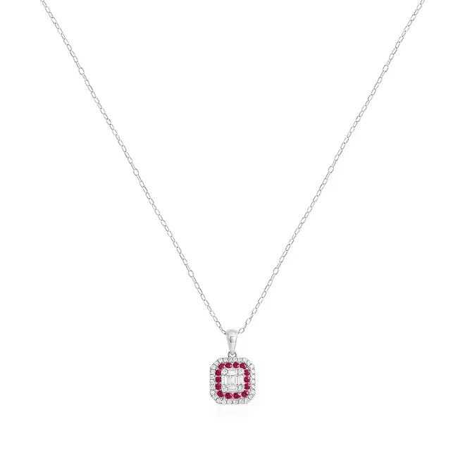 Pingente de Ouro Branco com Corrente, Diamantes e Rubis
