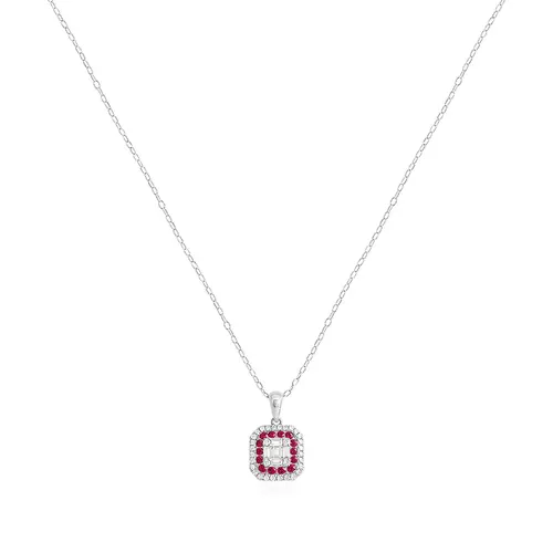 Pingente de Ouro Branco com Corrente, Diamantes e Rubis