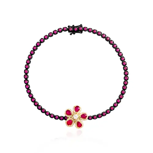 Pulseira Riviera de Ouro Com Diamantes e Rubi Totalizanbdo 2,69 Cts