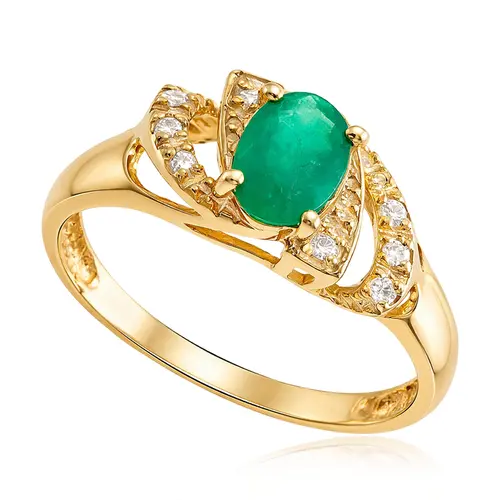 Anel de Prata com Diamantes de Laboratório e Esmeralda de 73 Pts, Acabamento em Ouro Amarelo.