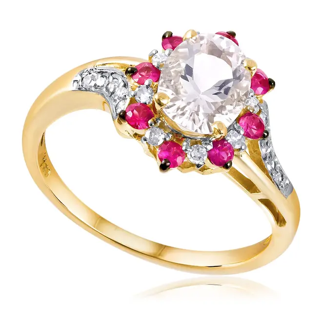 Anel de Ouro com Diamantes, Rubis e Morganita de 1,01 Ct ouro