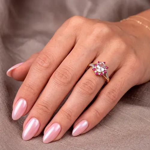 Anel de Ouro com Diamantes, Rubis e Morganita de 1,01 Ct ouro