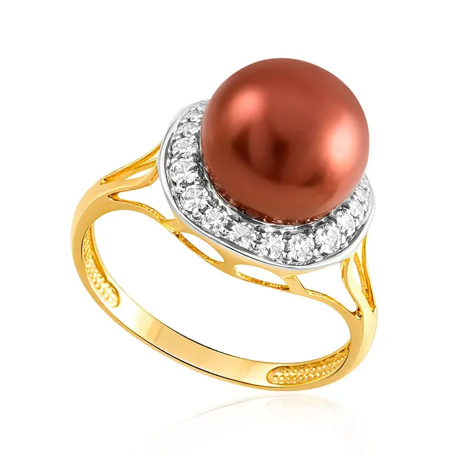 Anel de Ouro Amarelo com Diamantes e Pérola Marrom de 10 mm