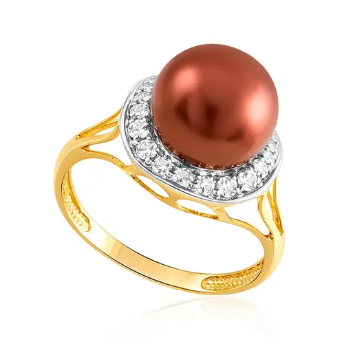 Anel de Ouro Amarelo com Diamantes e Pérola Marrom de 10 mm