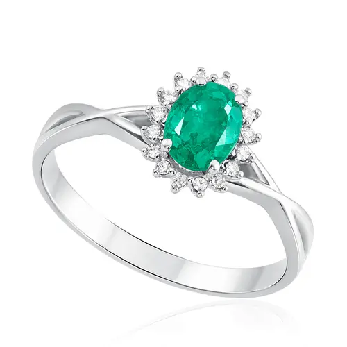 Anel de Ouro Branco com Diamantes e Esmeralda de 75 pts.