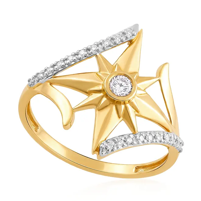 Anel Estrela de Ouro Amarelo com Diamantes Brancos e Diamante Champagne de 10 pts.