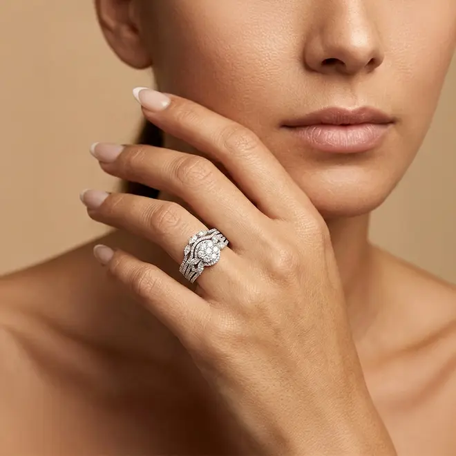 Conjunto Anel e Aparador de Ouro Branco com Diamantes totalizando 65 pts.