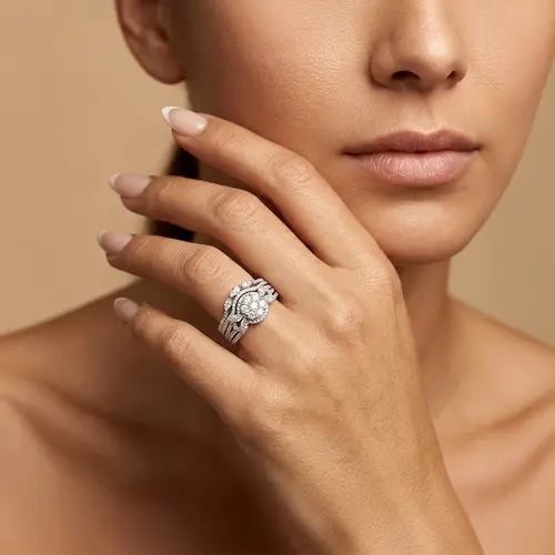 Conjunto Anel e Aparador de Ouro Branco com Diamantes totalizando 65 pts.