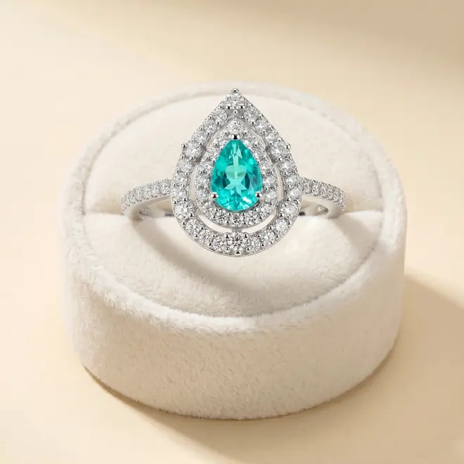 Anel de Ouro Branco com Diamantes e Turmalina Paraíba de 20 pts. - Com Certificado AGL 57386