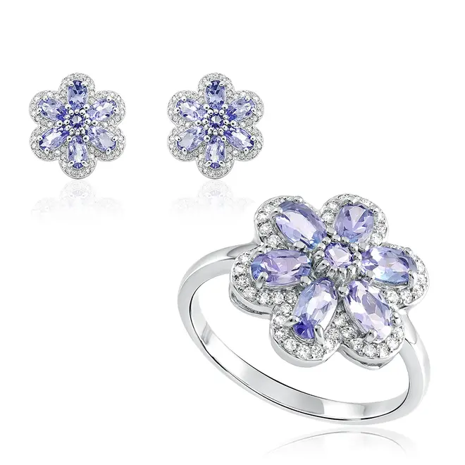 Conjunto Flor Anel e Par de Brincos de Prata com Cristais e Tanzanitas