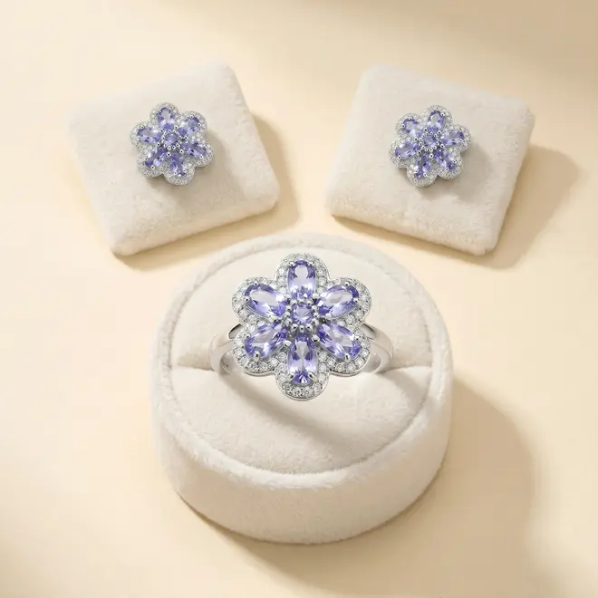 Conjunto Flor Anel e Par de Brincos de Prata com Cristais e Tanzanitas