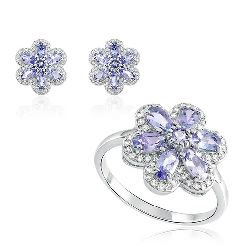 Conjunto Flor Anel e Par de Brincos de Prata com Cristais e Tanzanitas