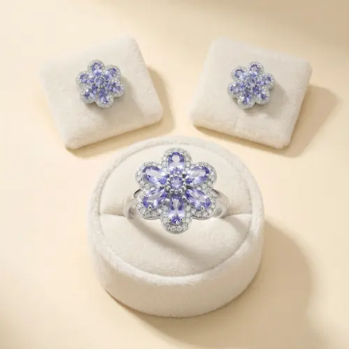 Conjunto Flor Anel e Par de Brincos de Prata com Cristais e Tanzanitas