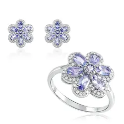 Conjunto Flor Anel e Par de Brincos de Prata com Cristais e Tanzanitas
