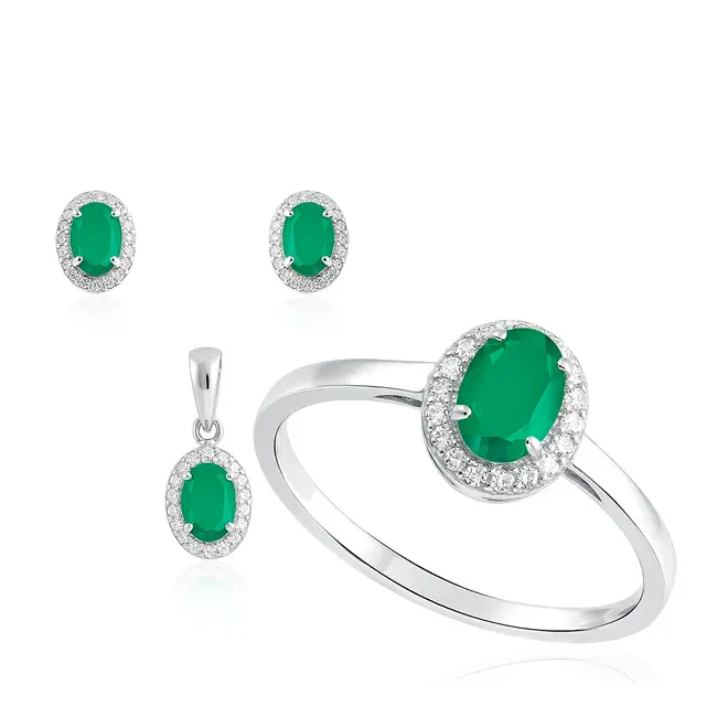 Conjunto Par de Brincos, Pingente e Anel de Prata com Esmeraldas