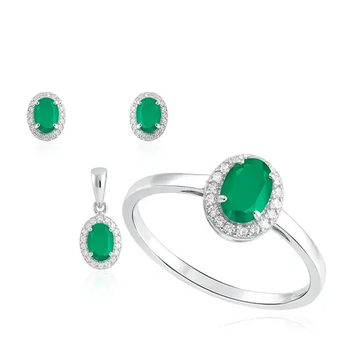 Conjunto Par de Brincos, Pingente e Anel de Prata com Esmeraldas