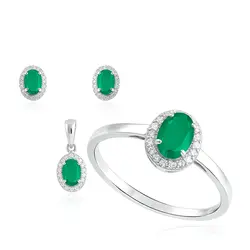 Conjunto Par de Brincos, Pingente e Anel de Prata com Esmeraldas