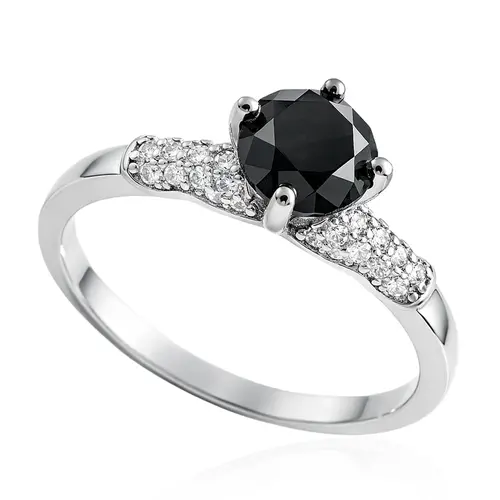 Anel Solitário de Prata com Cristais e Diamante Negro de 1,5 Cts..