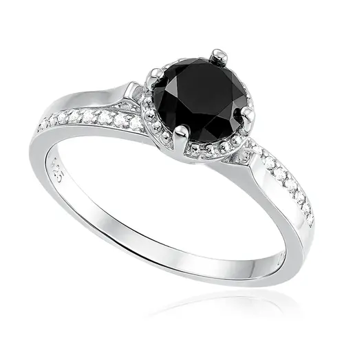 Anel Solitário de Prata com Cristais e Diamante Negro de 1,5 Cts..