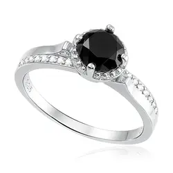 Anel Solitário de Prata com Cristais e Diamante Negro de 1,5 Cts..