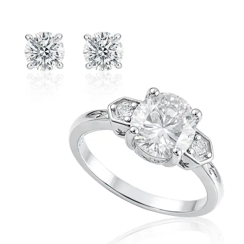 Conjunto de Anel e Par de Brincos Solitários com Cristais e Moissanite.