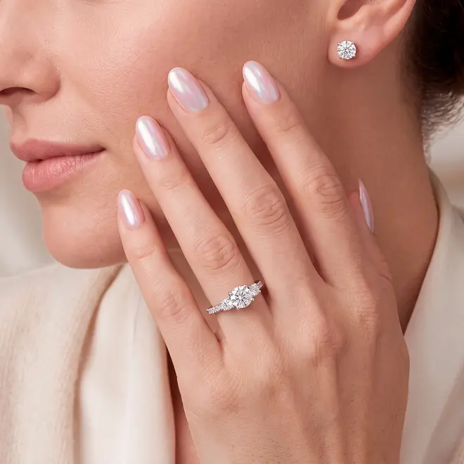 Conjunto de Anel e Par de Brincos Solitários com Cristais e Moissanite.