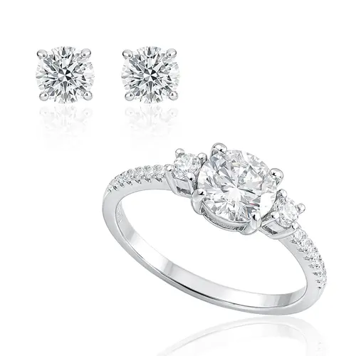 Conjunto de Anel e Par de Brincos Solitários com Cristais e Moissanite.