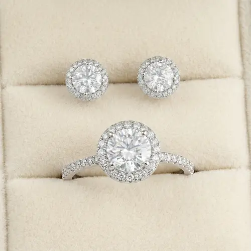 Conjunto Solitário de Anel e Brincos em Prata com Moissanites e Cristais