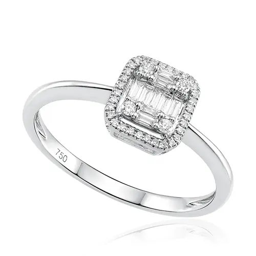 Anel Quadrado de Ouro Branco com Diamantes totalizando 18 pts.