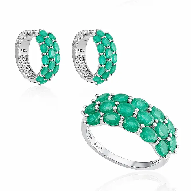 Conjunto de Meia Aliança e Par de Brincos Argola com Esmeraldas.