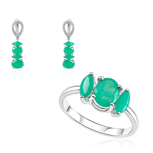 Conjunto de Anel e Par de Brincos com Cristais e Esmeraldas.