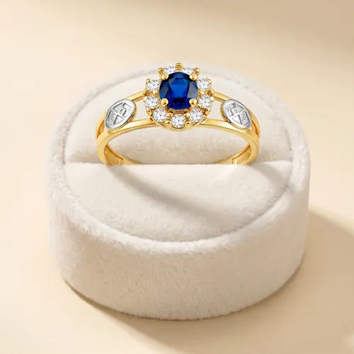 Anel Ouro Amarelo 18K modelo Formatura com Safira