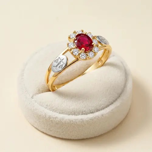 Anel Feminino de formatura em Ouro Amarelo 18K com Rubi curso Direito,