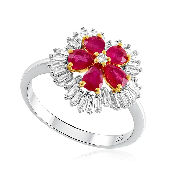 Anel Radiante em Ouro 18k Bicolor com Diamantes e Rubis Florais
