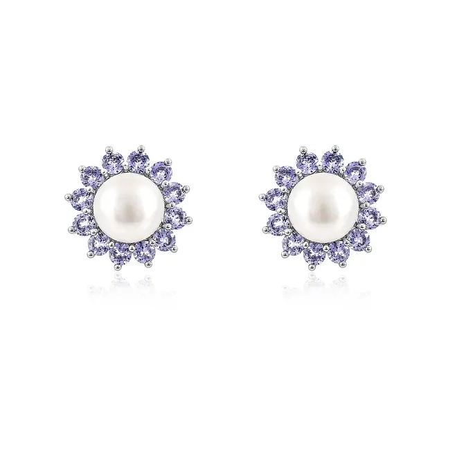 Conjunto Floral de Prata 925 com Pérolas e Tanzanitas