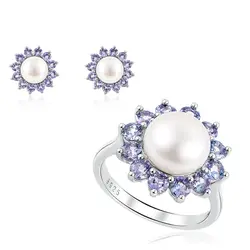 Conjunto Floral de Prata 925 com Pérolas e Tanzanitas