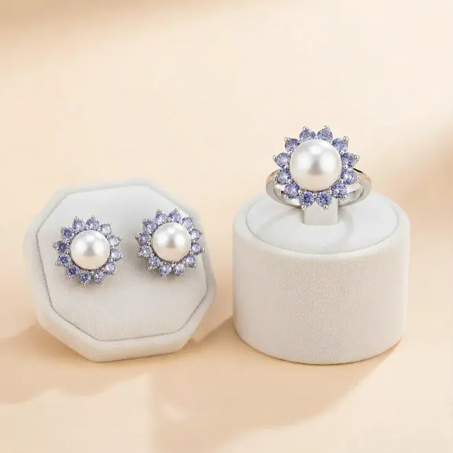 Conjunto Floral de Prata 925 com Pérolas e Tanzanitas