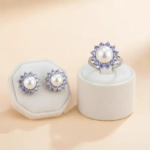 Conjunto Floral de Prata 925 com Pérolas e Tanzanitas